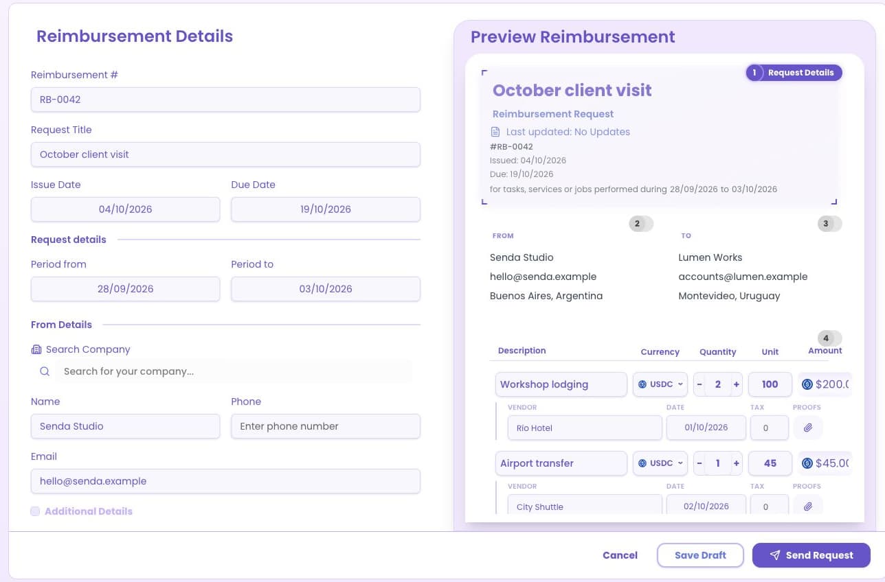 Reimbursement sheet with request details, expense rows and live document preview.